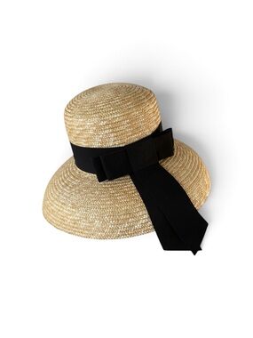 Wide-Brim Straw Hat with Black Ribbon Bow
